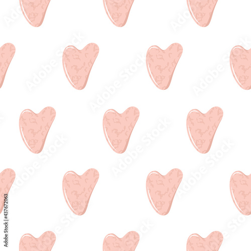 Gua sha for facial massage. Seamless pattern with natural pink quartz stones. Skin care, home beauty procedures and morning routine. Vector illustration in flat cartoon style.