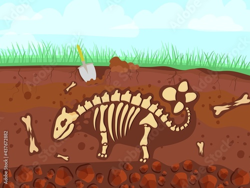 Dinosaur skeleton in cartoon style. The bones of a prehistoric animal underground. Archeology. Vector illustration isolated on white background.