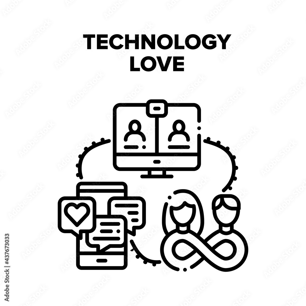 Technology Love Relation Vector Icon Concept. Chatting Lovely Messages On Smartphone Screen And Video Call On Computer Technology Love Keeping On Distance. Social Media Black Illustration Technology Love Relation Vector Icon Concept. Chatting Lovely Messages On Smartphone Screen And Video Call On Computer Technology Love Keeping On Distance. Social Media Black Illustration