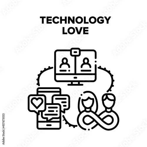 Technology Love Relation Vector Icon Concept. Chatting Lovely Messages On Smartphone Screen And Video Call On Computer Technology Love Keeping On Distance. Social Media Black Illustration