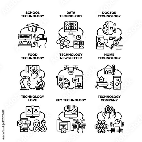 Technology Company Set Icons Vector Illustrations. School And Data Technology  Newsletter Delivery And Food Researching  Doctor Examination And Digital Key Development Black Illustration