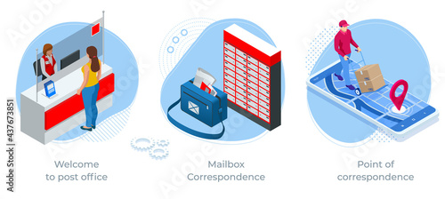 Isometric concept of Welcome to Post Office , Mailbox Correspondence and Point of correspondence. Post office Post delivery service