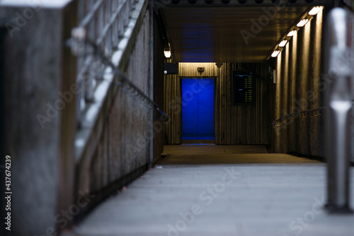 Blue door to an underground entrance, with screen on right side and concrete slope