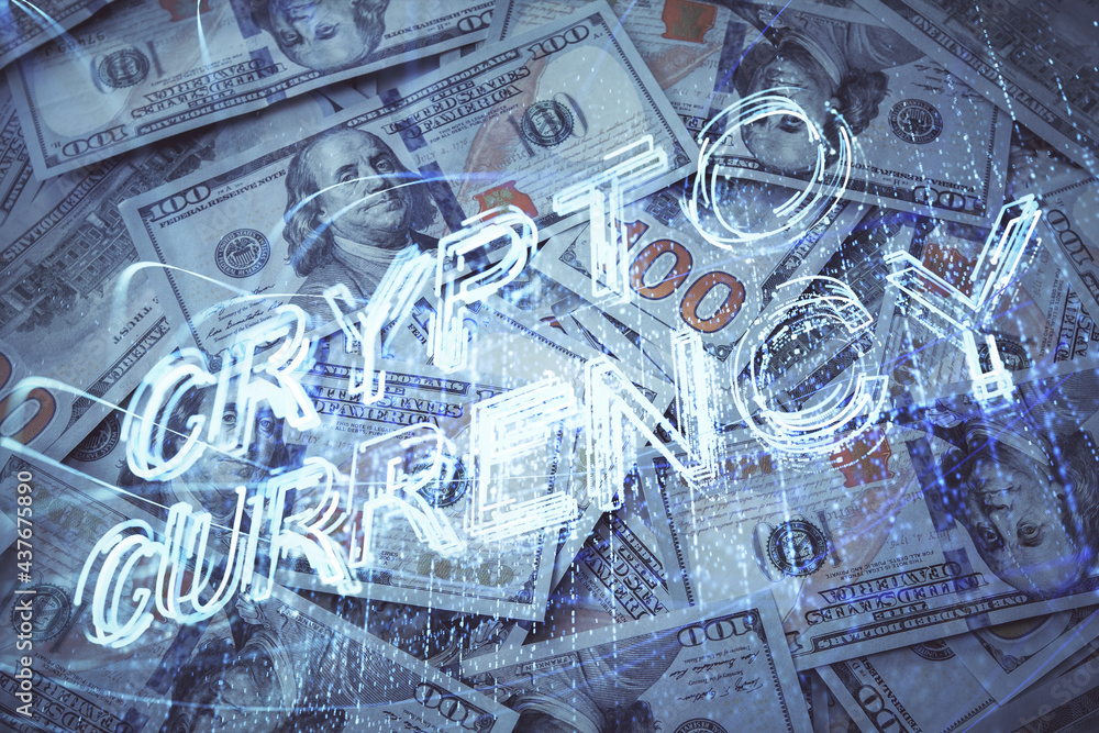 Multi exposure of crypto theme drawing over us dollars bill background. Concept of blockchain success. Multi exposure of crypto theme drawing over us dollars bill background. Concept of blockchain success.