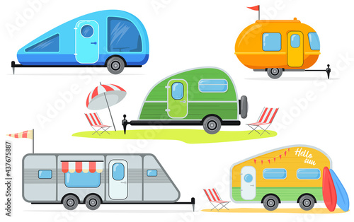 Different trailers for camping vector illustrations set. Collection of caravans or camper vans at campsite or beach isolated on white background. Camping, traveling, family vacation concept
