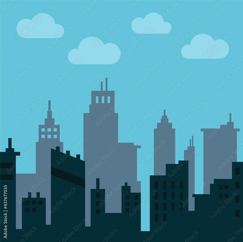 Flat illustration, portrait of a city, sky, clouds, 3d illustration with buildings, windows, doors EPS Vector