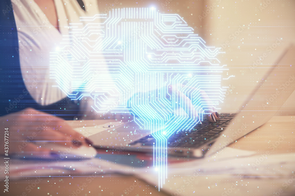 Fototapeta premium Multi exposure of woman hands working on computer and human brain hologram drawing. Ai tech concept.
