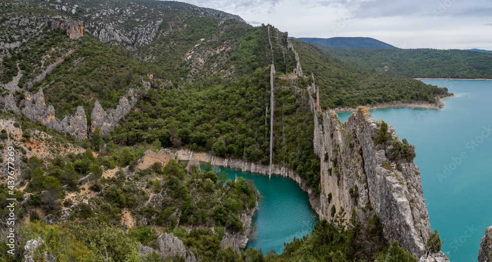 Amazing sharp rocks near Finestras uninhabited village at the edge of Canyelles reservoir, Spain