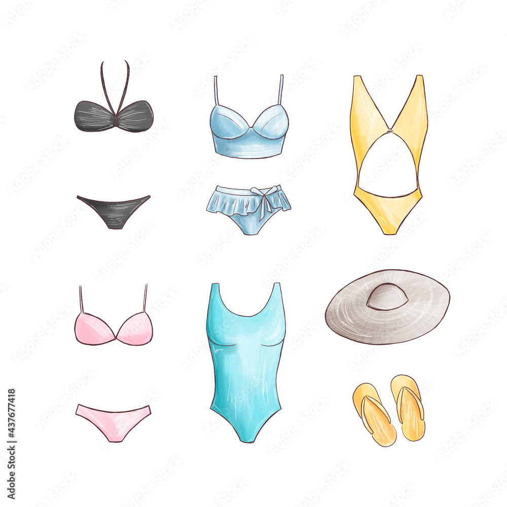 Different types of swimsuits icons in set. Fashion Swimming