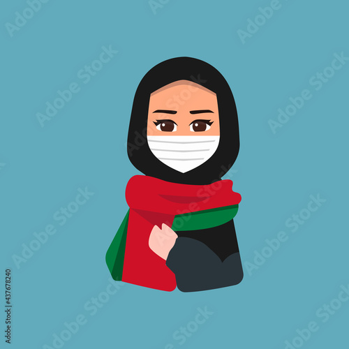Illustration of a muslimg girl wearing hijab and a palestine flag, scarf. Save Palestine, Free Palestine, peace, not war illustration EPS Vector