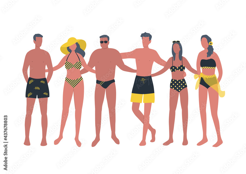 Obraz premium Young women and young men in swimsuits and swimming trunks are standing together. Happy people friends in beach suits are standing and hugging. Vector illustration isolated on a white background