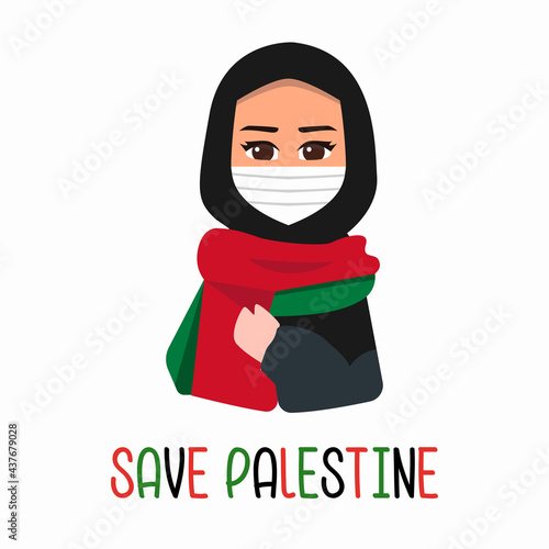 Illustration of a muslimg girl wearing hijab and a palestine flag, scarf. Save Palestine, Free Palestine, peace, not war illustration EPS Vector