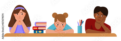 Schoolgirls are bored at the desk. Afro-Amerecan schoolgirl and white girls sit at the table in class and fight boredom. Boring lesson. Vector illustration in flat cartoon style. Back to school