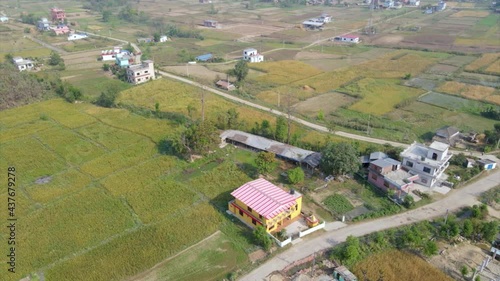 Panoramic aerial view of farm house in west Nepal, aerial drone video photo