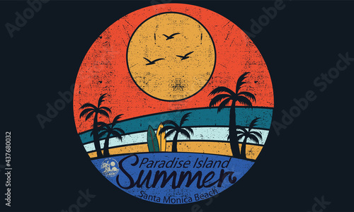 Summer paradise island print design for apparels and others. Retro summer graphics design.