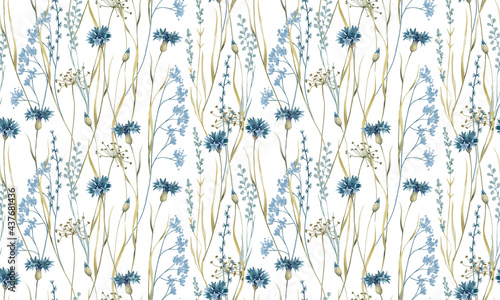 Hand drawn watercolor seamless pattern with meadow wild flowers. Blue cornflowers pattern