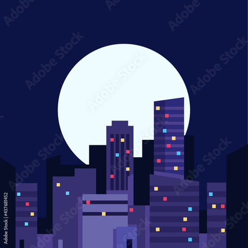 Flat illustration, portrait of a city, sky, clouds, 3d illustration with buildings, windows, doors, night time EPS Vector