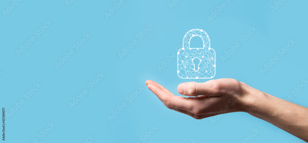Male hand holding a lock padlock icon.Cyber security network. Internet technology networking.Protecting data personal information on tablet. Data protection privacy concept. GDPR. EU.Banner - obrazy, fototapety, plakaty 
