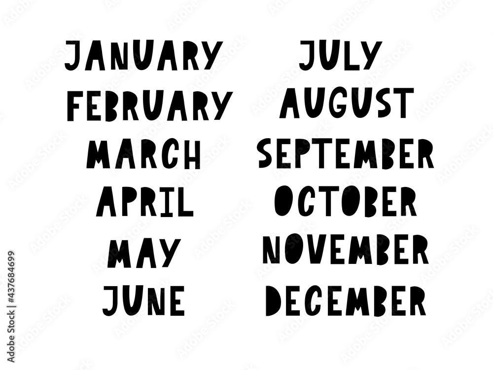 Obraz premium Handwritten names of months: December, January, February, March, April, May, June, July, August, September, October, November. Calligraphy words for calendars and organizers.