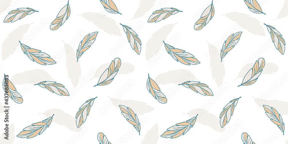 Beige and turquoise feathers on a white background with a silhouette of feathers. Endless texture in boho style. Vector seamless pattern for wrapping paper, packaging, wrapper, surface texture, print Beige and turquoise feathers on a white background with a silhouette of feathers. Endless texture in boho style. Vector seamless pattern for wrapping paper, packaging, wrapper, surface texture, print