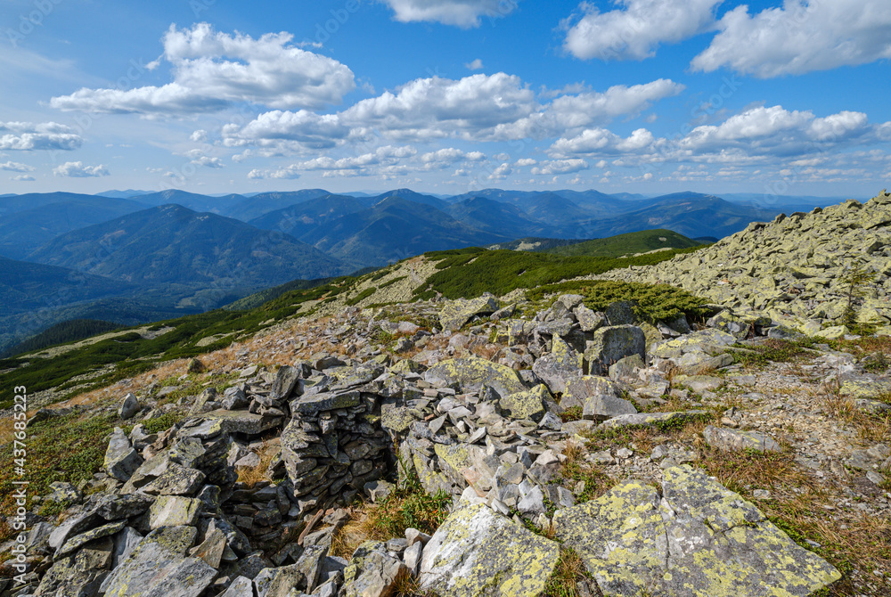 Summer Carpathian mountains view. Stony Gorgany massif, Ukraine.