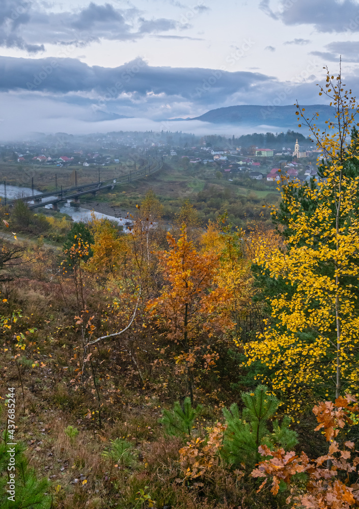 Morning fog on country foothills above Opir and Stryi rivers, and slopes of the Carpathian Mountains in far, Ukraine. Morning fog on country foothills above Opir and Stryi rivers, and slopes of the Carpathian Mountains in far, Ukraine.