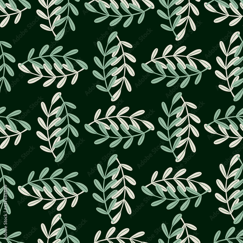 Contrast herbal seamless pattern with green simple herbal twigs shapes. Black background. Botany style. Contrast herbal seamless pattern with green simple herbal twigs shapes. Black background. Botany style.