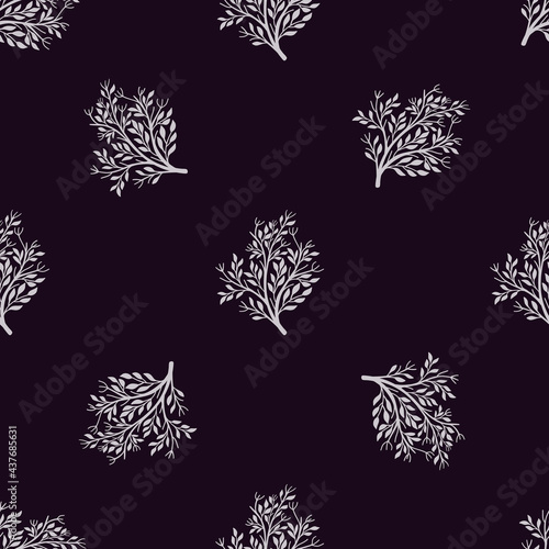 Light purple bush silhouettes seamless doodle floral pattern. Dark background. Seasonal contrast print.