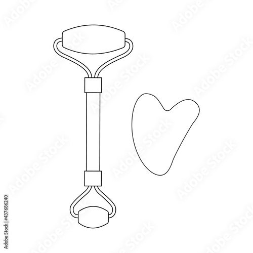 Face massage roller and gouache scraper. Face massage at home. Self-service. Vector flat black outline isolated on white background