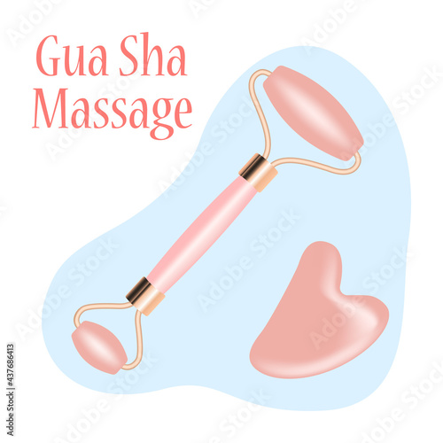Facial massage. Flat vector set made of rose quartz, consisting of a roller face massager and gua sha. Tools for skin care and tone improvement, isolated on a white background.