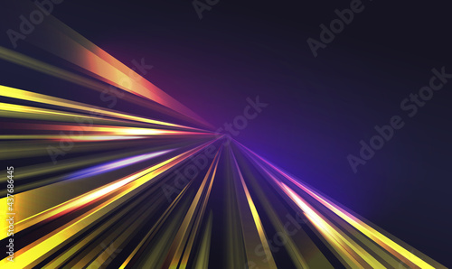 Light speed transport car flare effect, abstract fast motion on city road at night vector illustration. Dynamic neon rays and lines glow, glowing futuristic energy on transparent dark background