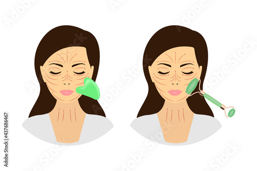 A woman with a jade face roller and a gua-sha stone scraper. Facial yoga. Anti-aging self-help method of traditional Chinese medicine. Vector illustration of flat on white.