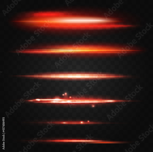 Neon illuminated red lines, abstract light flare effect vector illustration set. Glowing laser beams and sparkles shine, futuristic luminous ui design elements glow on transparent black background