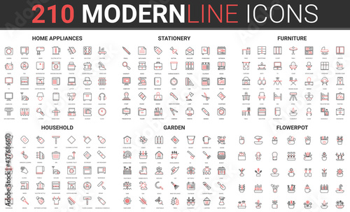 Household appliances, home furniture and office stationery thin red black line icon vector illustration set. Garden tools for care of flowers plants, flowerpots and vases, housework cleaning objects