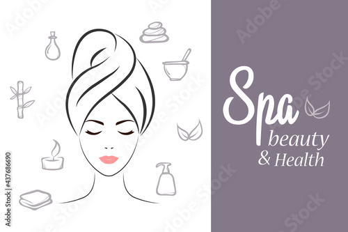Spa elements and symbols . Outlined silhouette of a girl with a towel on her head. Vintage models with spa elements. Hand-drawn doodles. Stylish graphic texture for your design. Beautiful background