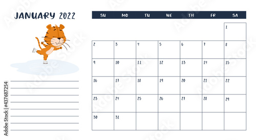 Horizontal desktop calendar page template for January 2022 with the Chinese year symbol cartoon tiger. The week starts on Sunday. Tiger skating