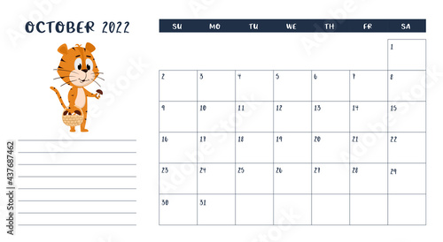 Horizontal desktop calendar page template for October 2022 with a cartoon Chinese year symbol. The week starts on Sunday. Tiger collects mushrooms.