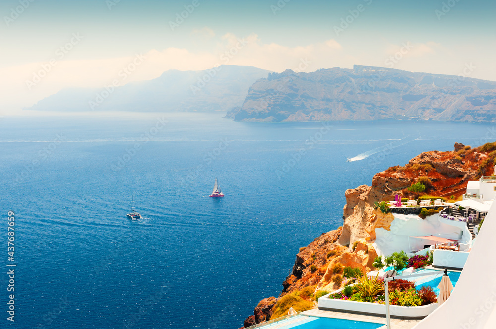 Santorini island, Greece. Summer landscape, sea view. Famous travel destination
