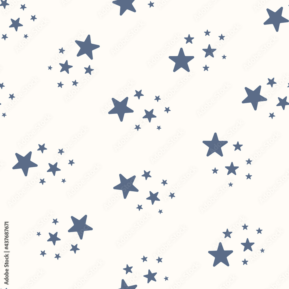 Vector seamless pattern with stars. Simple repeated texture with falling stars. Childish print for kids fabric and wrapping paper. Blue stars white background Vector seamless pattern with stars. Simple repeated texture with falling stars. Childish print for kids fabric and wrapping paper. Blue stars white background