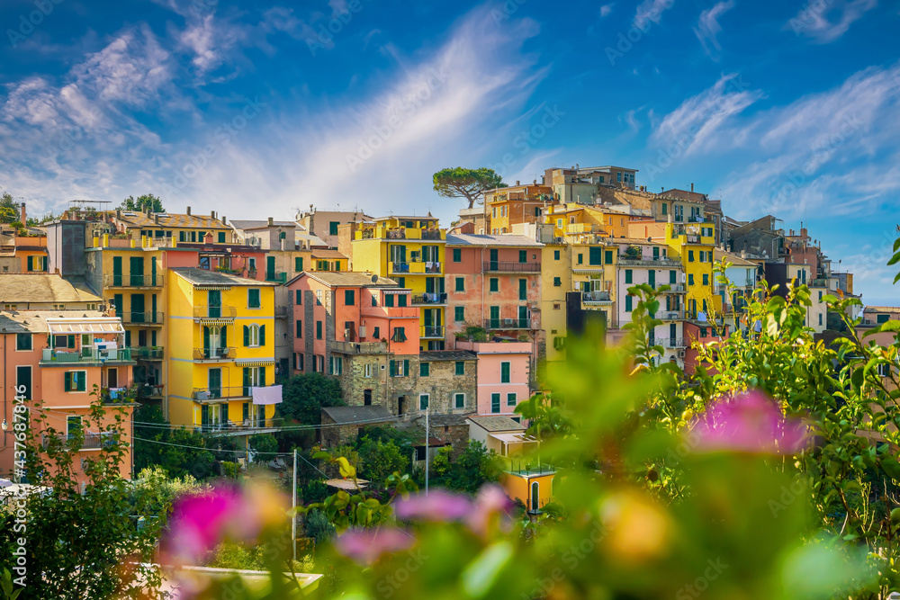 Corniglia, Colorful cityscape on the mountains over Mediterranean sea in Cinque Terre Italy
