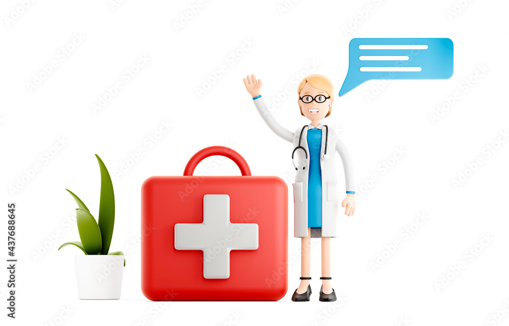 Smiling doctor with big first aid kit. Nurse cartoon character. Medical 3d illustration. Smiling doctor with big first aid kit. Nurse cartoon character. Medical 3d illustration.