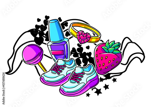 Print with fashion girlish patches. Colorful cute teenage illustration.