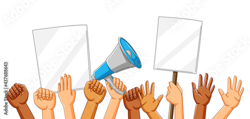 Illustration of hands with banners. Picket signs or protest placards on demonstration or protest.