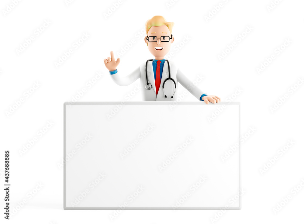 Smiling doctor cartoon guy character with big banner and place for text medical 3d illustration. Smiling doctor cartoon guy character with big banner and place for text medical 3d illustration.