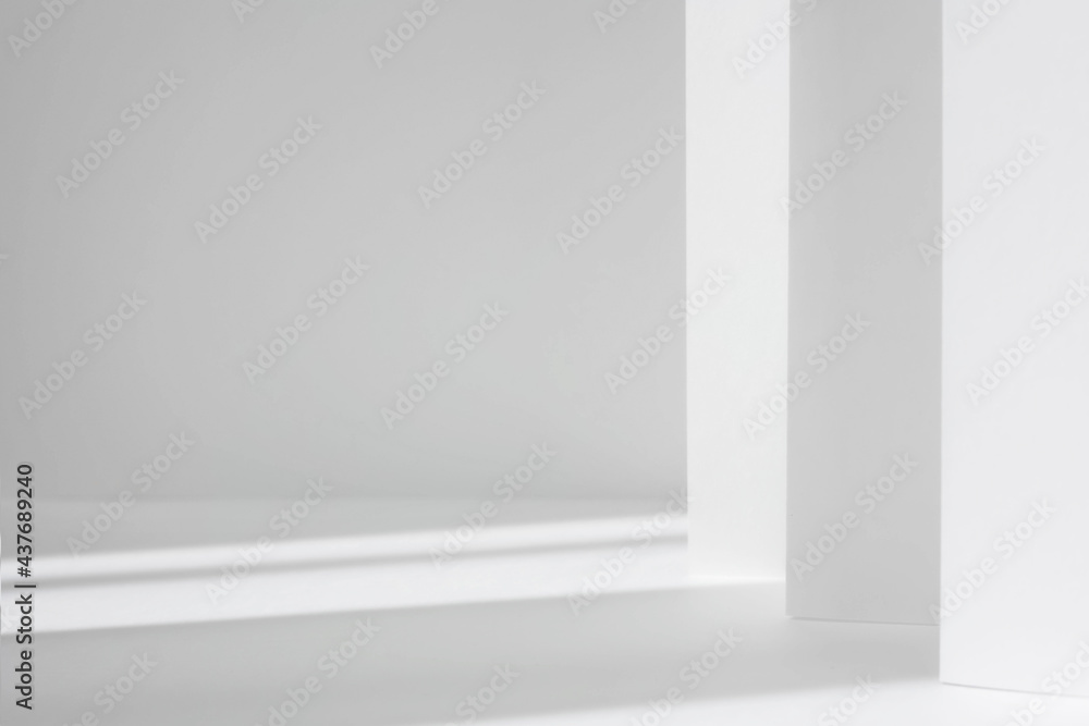 Fototapeta premium Abstract white studio background for product presentation. Empty gray room with shadows of window. Display product with blurred backdrop.