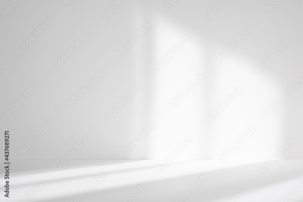 Abstract white studio background for product presentation. Empty room with shadows of window. Display product with blurred backdrop. - obrazy, fototapety, plakaty 