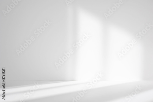 Fototapeta Naklejka Na Ścianę i Meble -  Abstract white studio background for product presentation. Empty room with shadows of window. Display product with blurred backdrop.