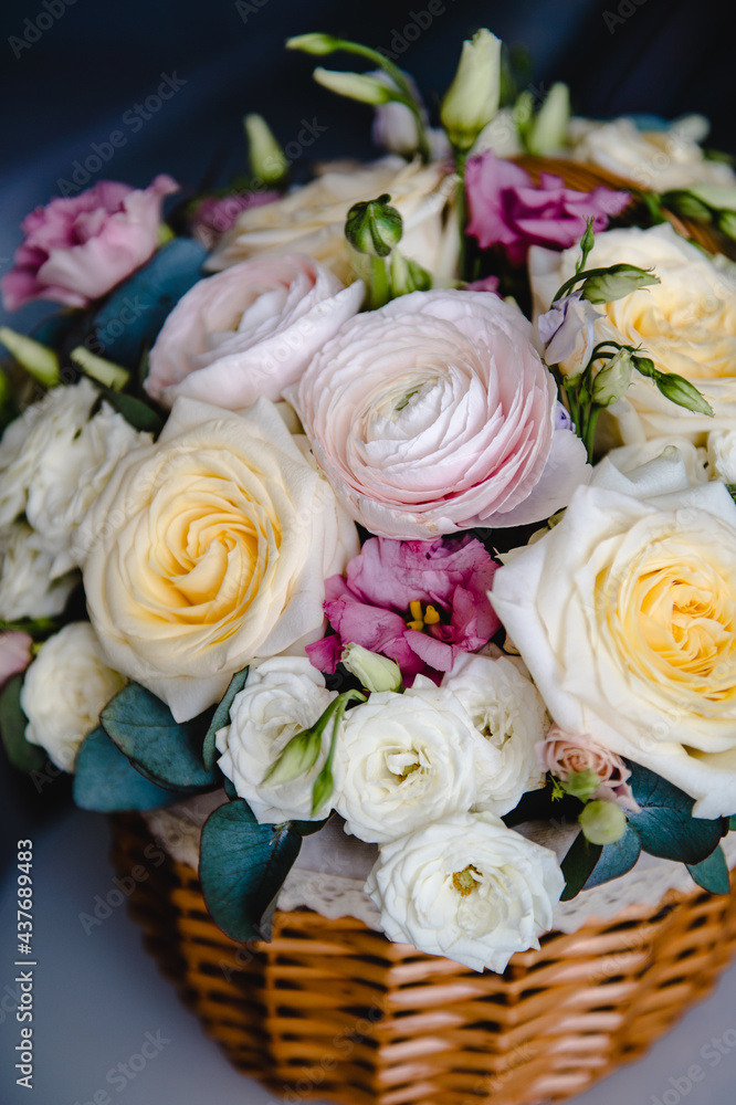 bouquet of roses in a basket bouquet of roses in a basket