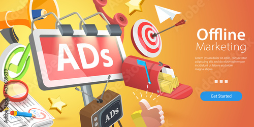 3D Isometric Flat Vector Conceptual Illustration of Offline Marketing Strategy, TV, Newspaper, Phone and Billboard Advertising