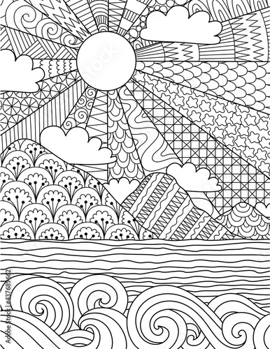 Abstract intricate line art of sunrise on the beach for background, coloring book, coloring page with the size 8.5x11. Vector illustration.